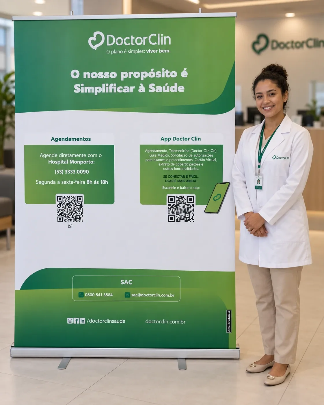 Banner retrátil 150x200 na recepção de clínica
