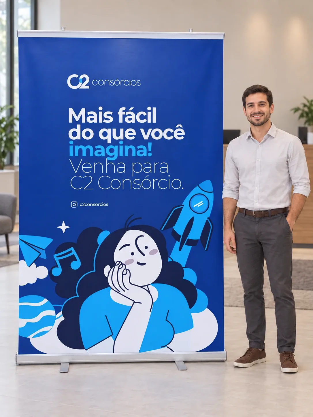 Roll up 150x200 personalizado na recepção de empresa