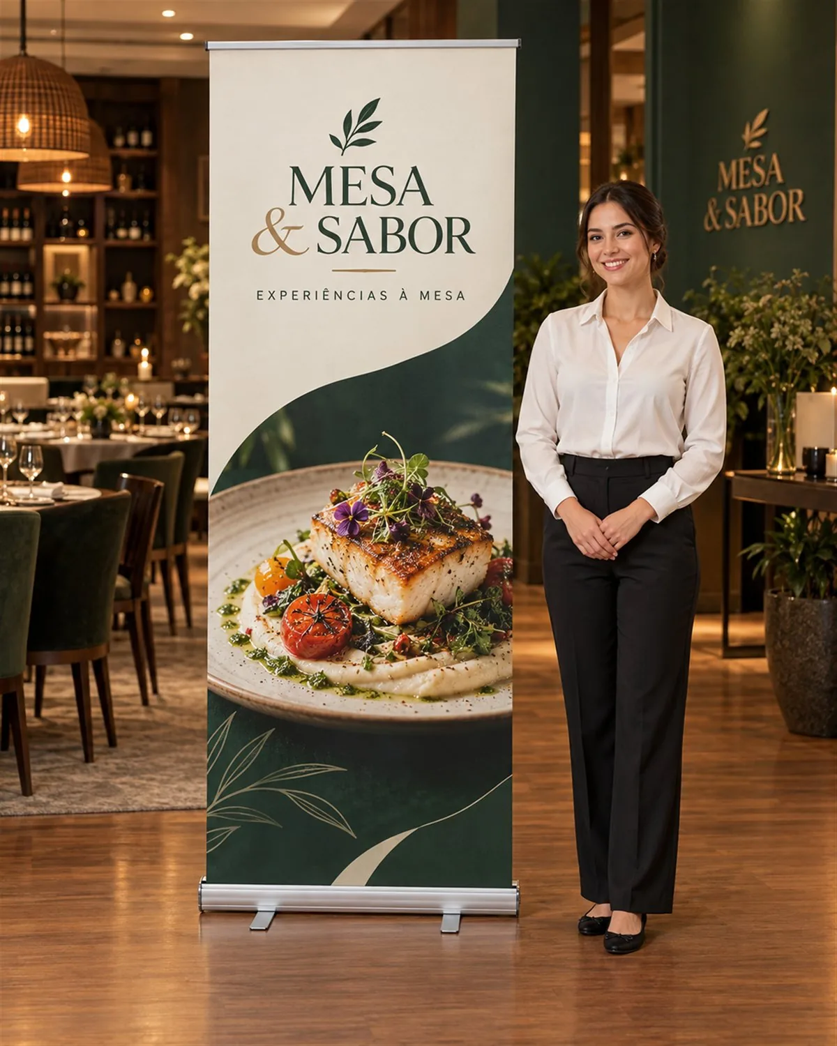 Roll up 80x200 personalizado na entrada de restaurante