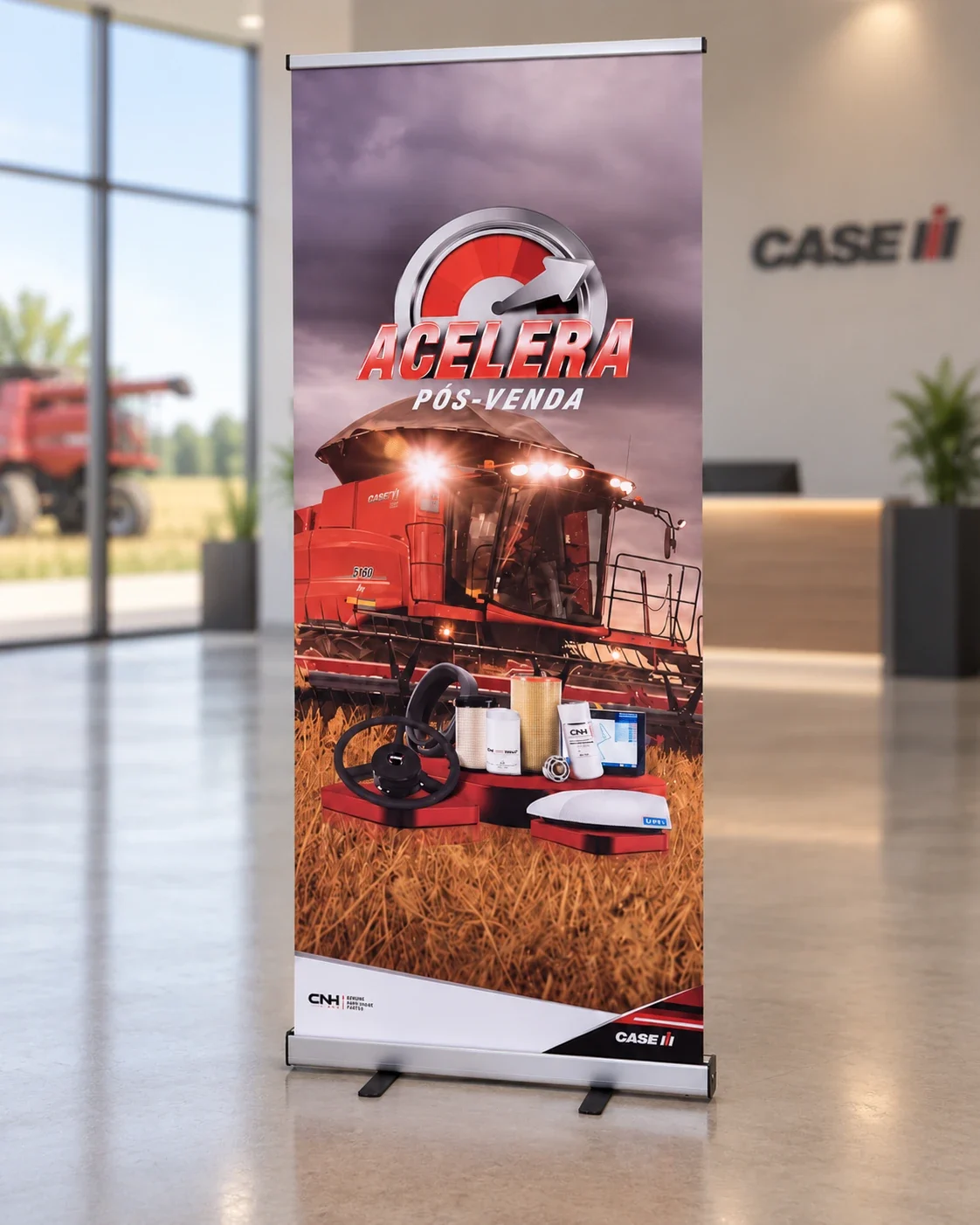 Roll up Lite 80x200 com banner em concessionária de máquinas agrícolas