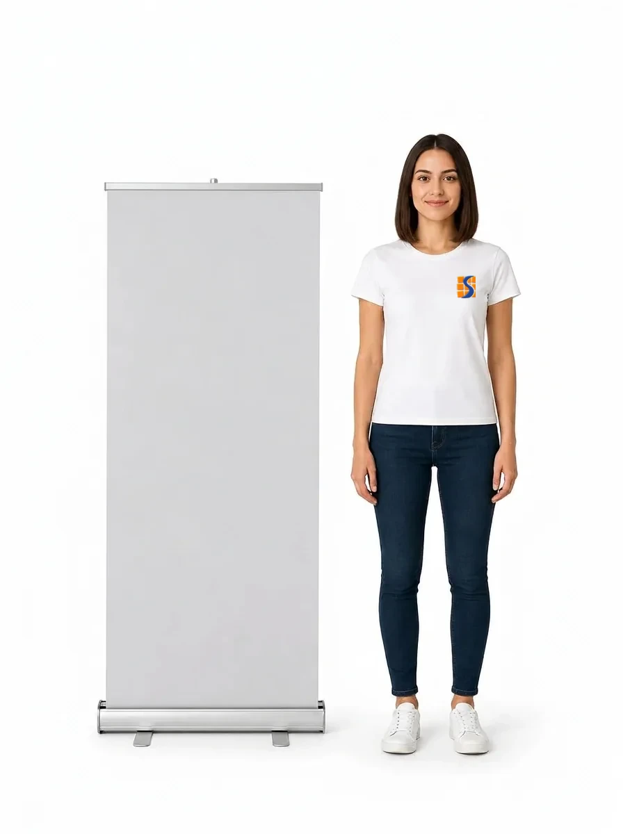 Mockup de banner roll up 60x160 em branco, com uma pessoa ao lado para escala